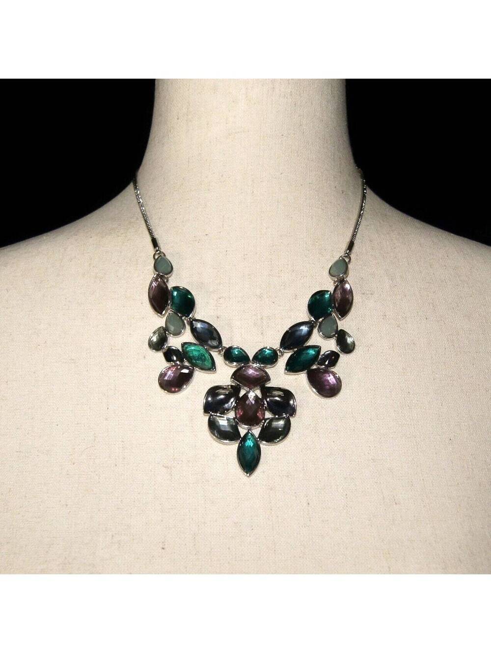 VTG Nine West Silver Tone with Green, Blue, Pink and Clear Resin 16-18" Necklace